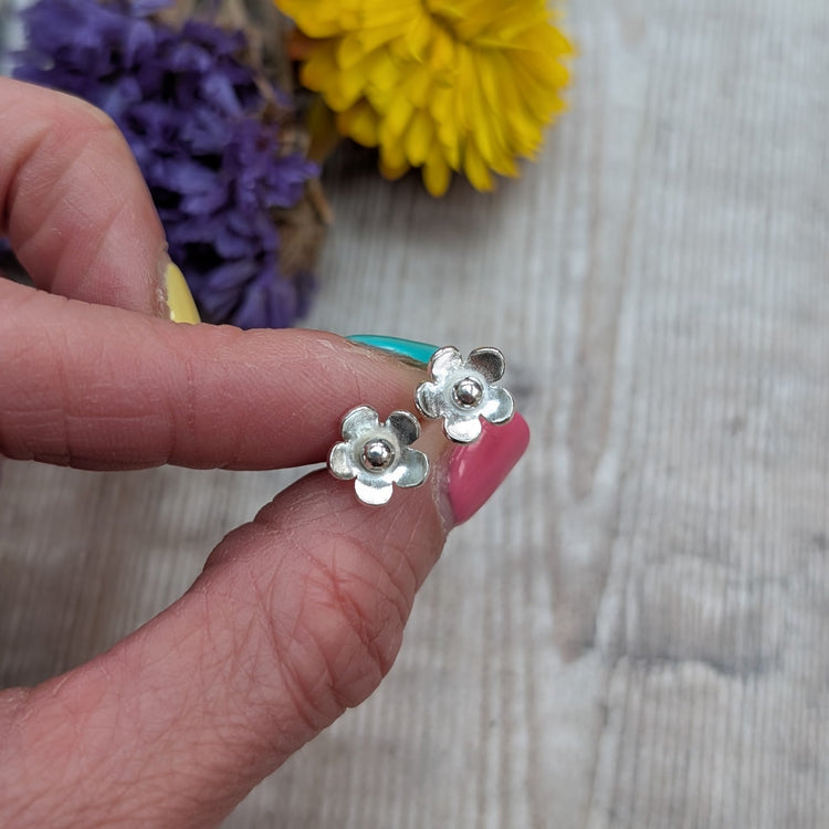 Silver stud earrings shown held between finger and thumb with dried flowers in the background.