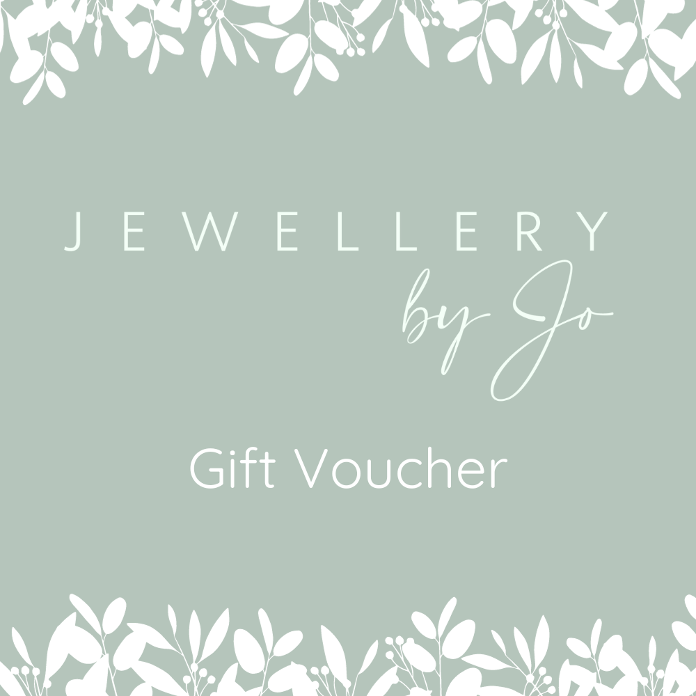 Jewellery by Jo Gift Voucher, white wording set on pale sage green background with white silhouetted delicate leaves and berries to top and bottom. 