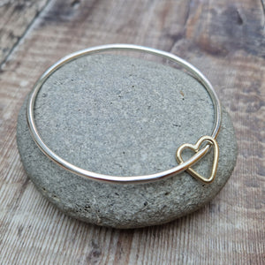 Sterling Silver Smooth Bangle with Gold Heart