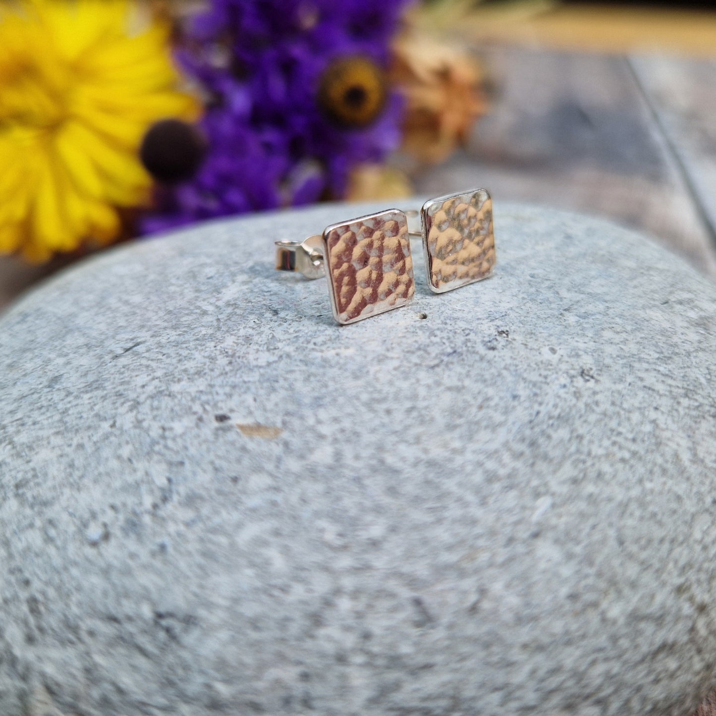 Silver Hammered Square Stud Earrings