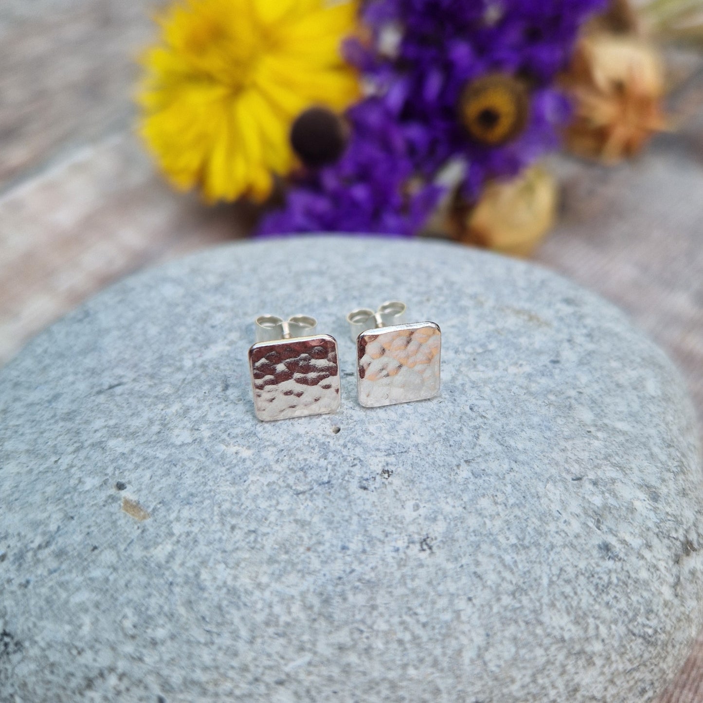 Silver Hammered Square Stud Earrings