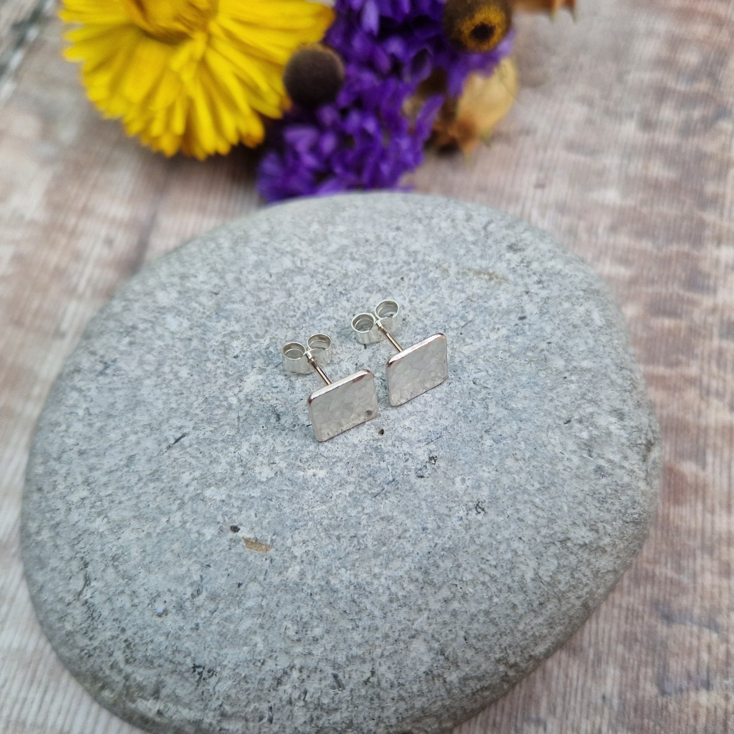 Silver Hammered Square Stud Earrings