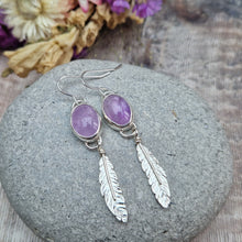 Load image into Gallery viewer, Sterling Silver Feather and Lavender Amethyst Gemstone Earrings