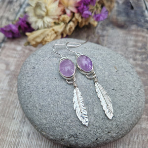 Sterling Silver Feather and Lavender Amethyst Gemstone Earrings