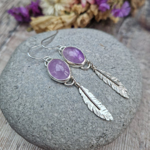 Sterling Silver Feather and Lavender Amethyst Gemstone Earrings