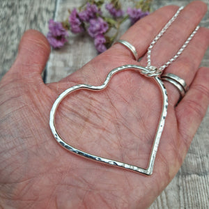 Sterling Silver Long Hammered Heart Necklace