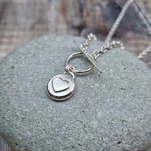 Sterling Silver T Bar Pebble Necklace with Silver Heart