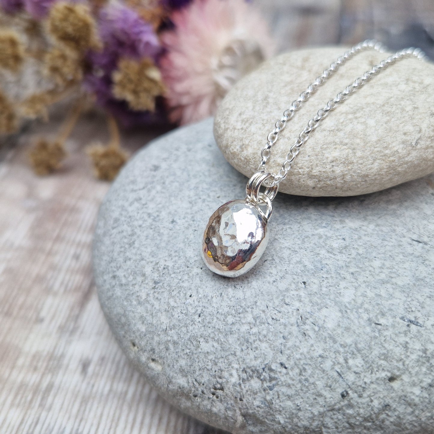 Silver Hammered Pebble Necklace