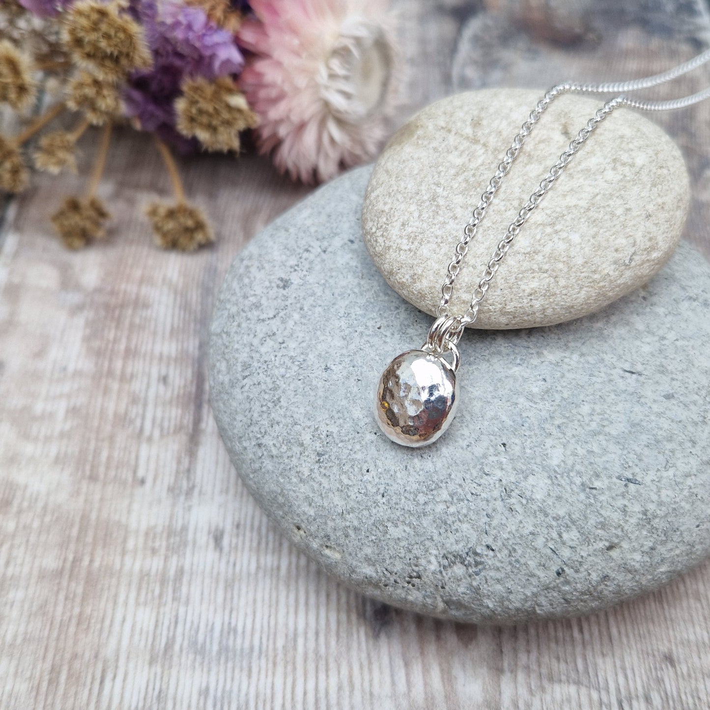Silver Hammered Pebble Necklace
