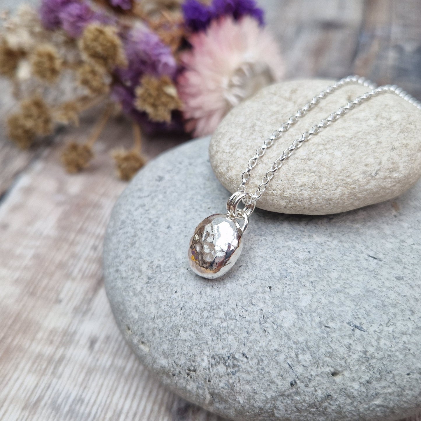Silver Hammered Pebble Necklace