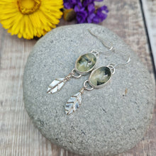 Load image into Gallery viewer, Sterling Silver Leaf and Prehnite Gemstone Earrings