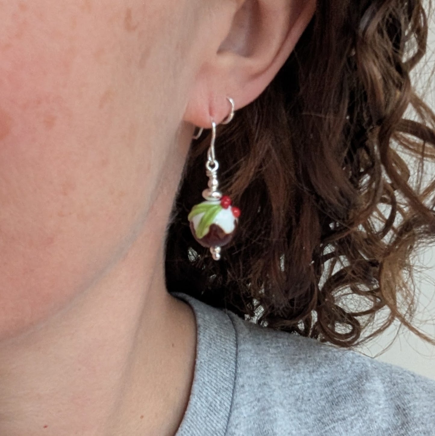Silver Christmas Pudding Lampwork Glass Earrings