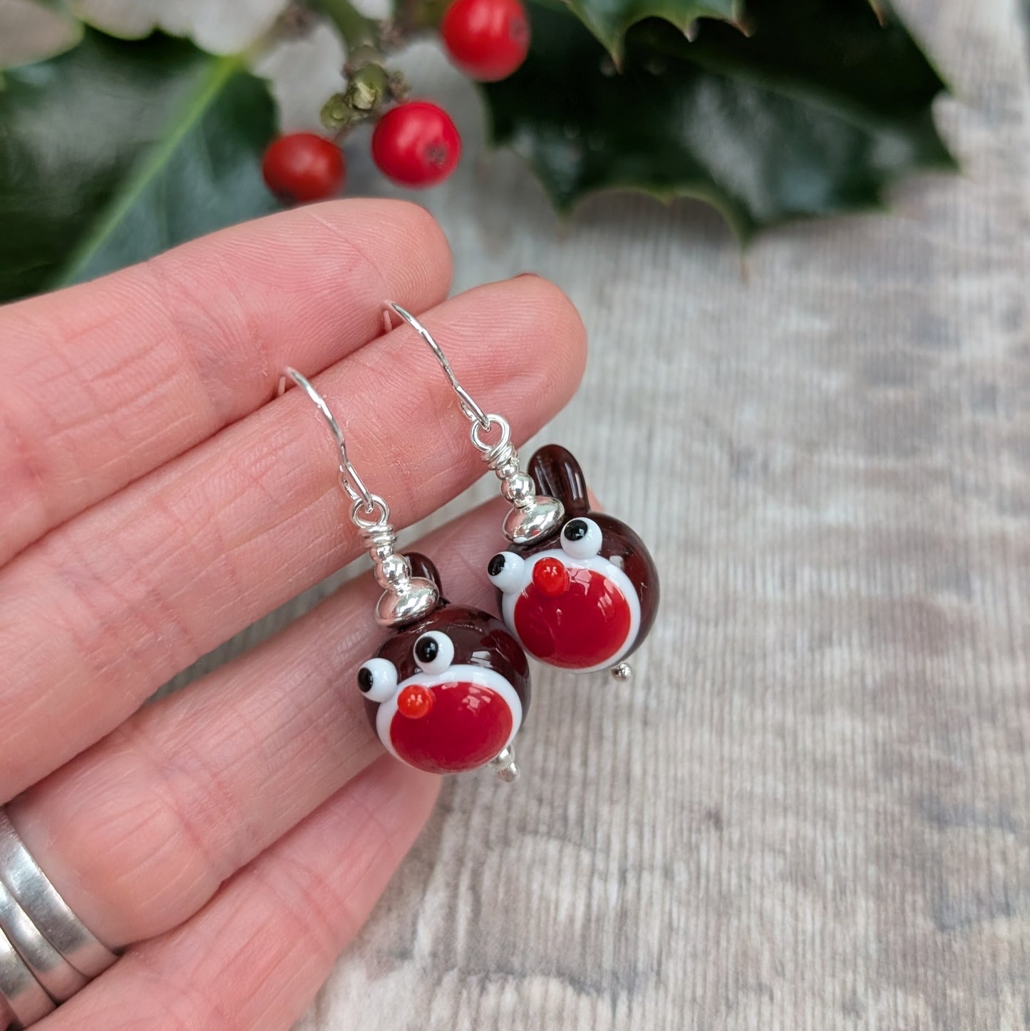 Silver Christmas Robin Lampwork Glass Earrings