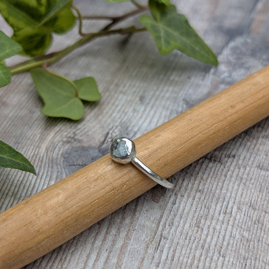 Silver Hammered Pebble Ring resting on a wooden mandrel with ivy leaves in the background