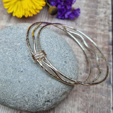 Sterling Silver Three Bangle Set - Hammered and Wavy