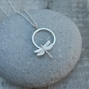 Sterling Silver Circle Necklace with Dragonfly