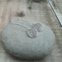 Load image into Gallery viewer, Sterling Silver Long Oxidised Floral Disc Earrings