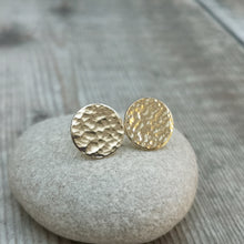 Load image into Gallery viewer, 9ct gold hammered disc stud earrings. Each earring has one gold disc with hammered texture mounted on gold bar. Disc measuring approximately 8mm, 10mm or 12mm in diameter.