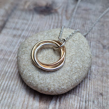 Load image into Gallery viewer, Sterling Silver and Gold Three Linked Ring Necklace