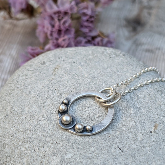 Silver Oxidised Circle Necklace with Pebble Detail