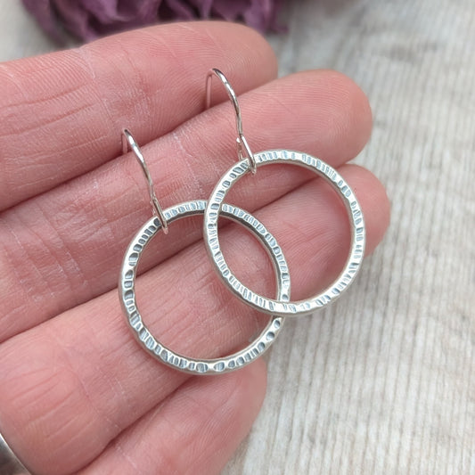 Silver Oxidised Textured Circle Earrings