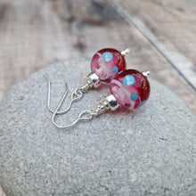 Load image into Gallery viewer, Sterling Silver Dark Pink Spotty and Swirly Lampwork Earrings
