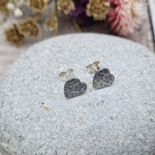 Load image into Gallery viewer, Sterling Silver Floral Pattern Heart Stud Earrings