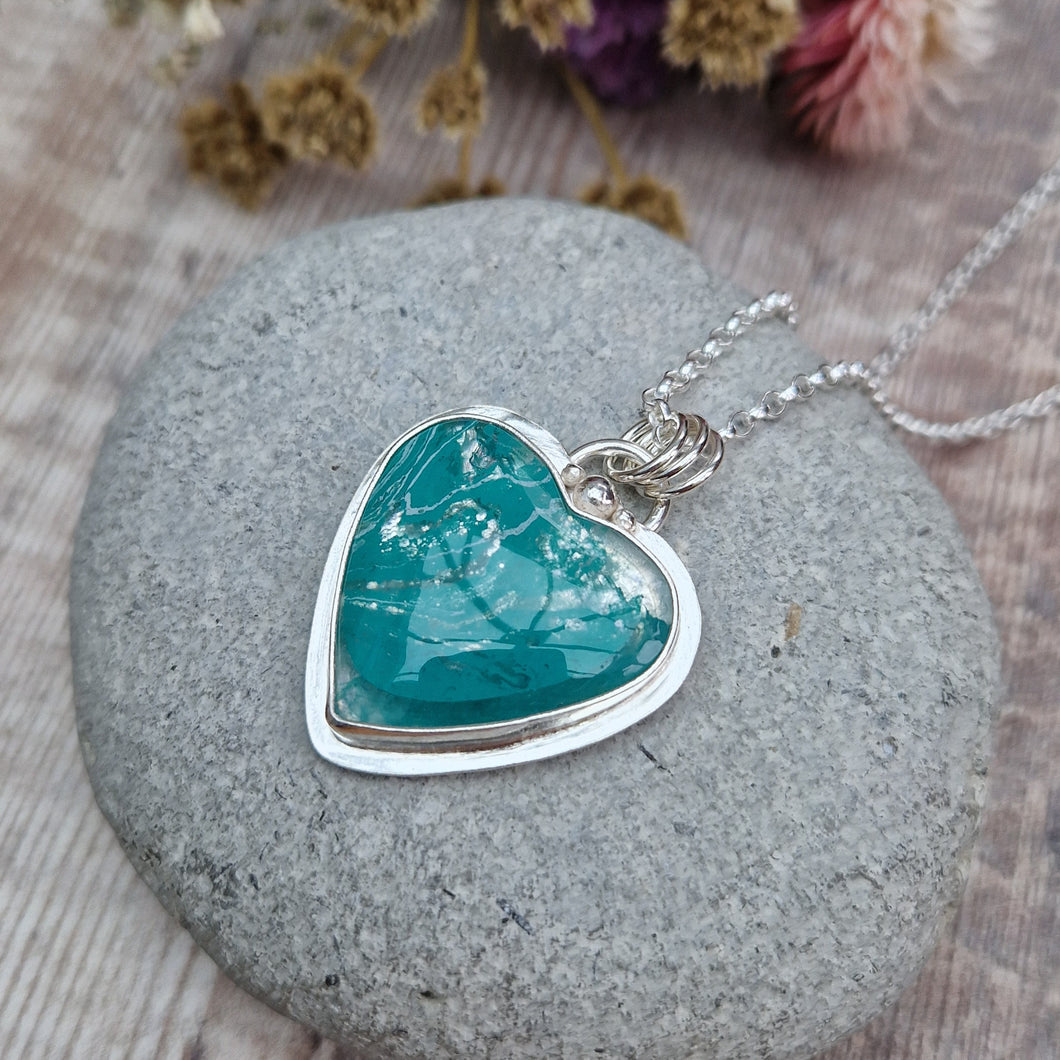 Sterling Silver Green Surfite Heart Necklace