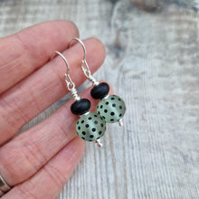 Load image into Gallery viewer, Sterling Silver Green and Black Spotty Lampwork Earrings