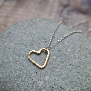 Gold Hammered Open Heart pendant on Sterling Silver Necklace, Jewellery by Jo is handmade using recycled materials, ethically sourced