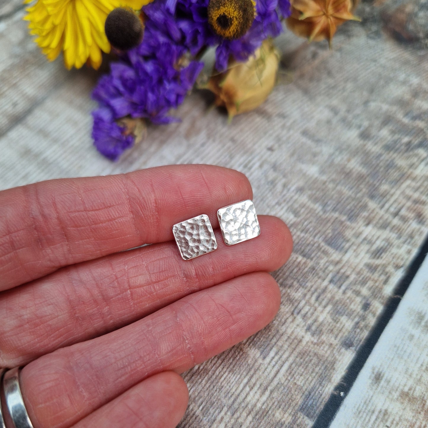 Silver Hammered Square Stud Earrings