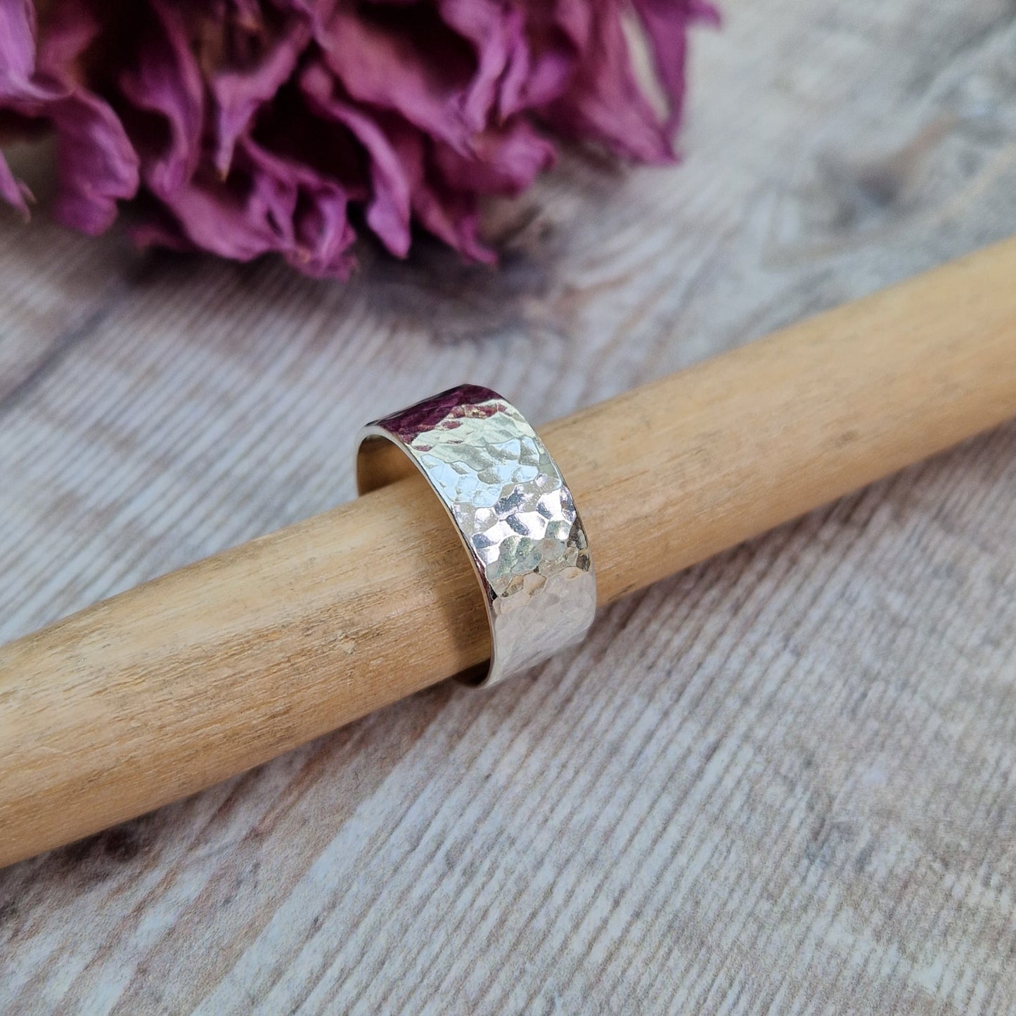 Sterling Silver ring with hammered texture, 8mm wide.