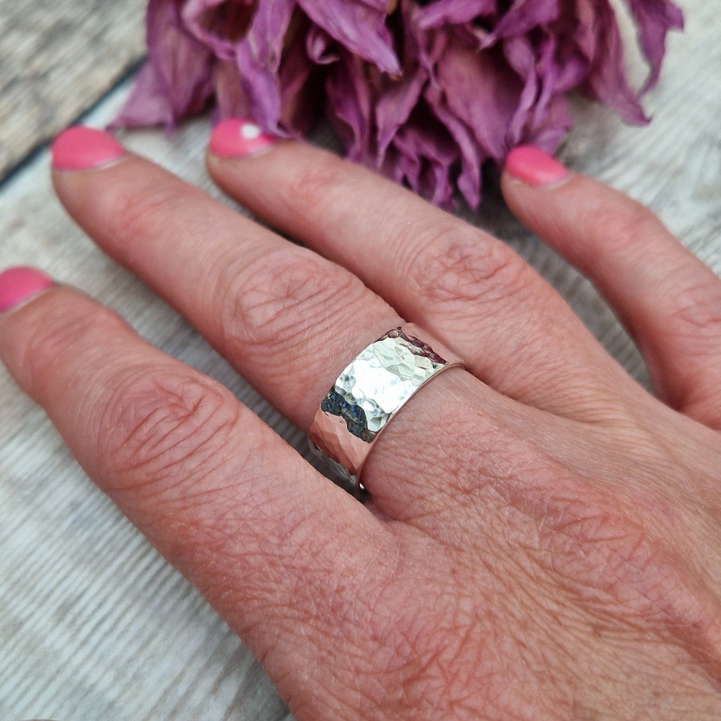 Sterling Silver ring with hammered texture, 8mm wide.