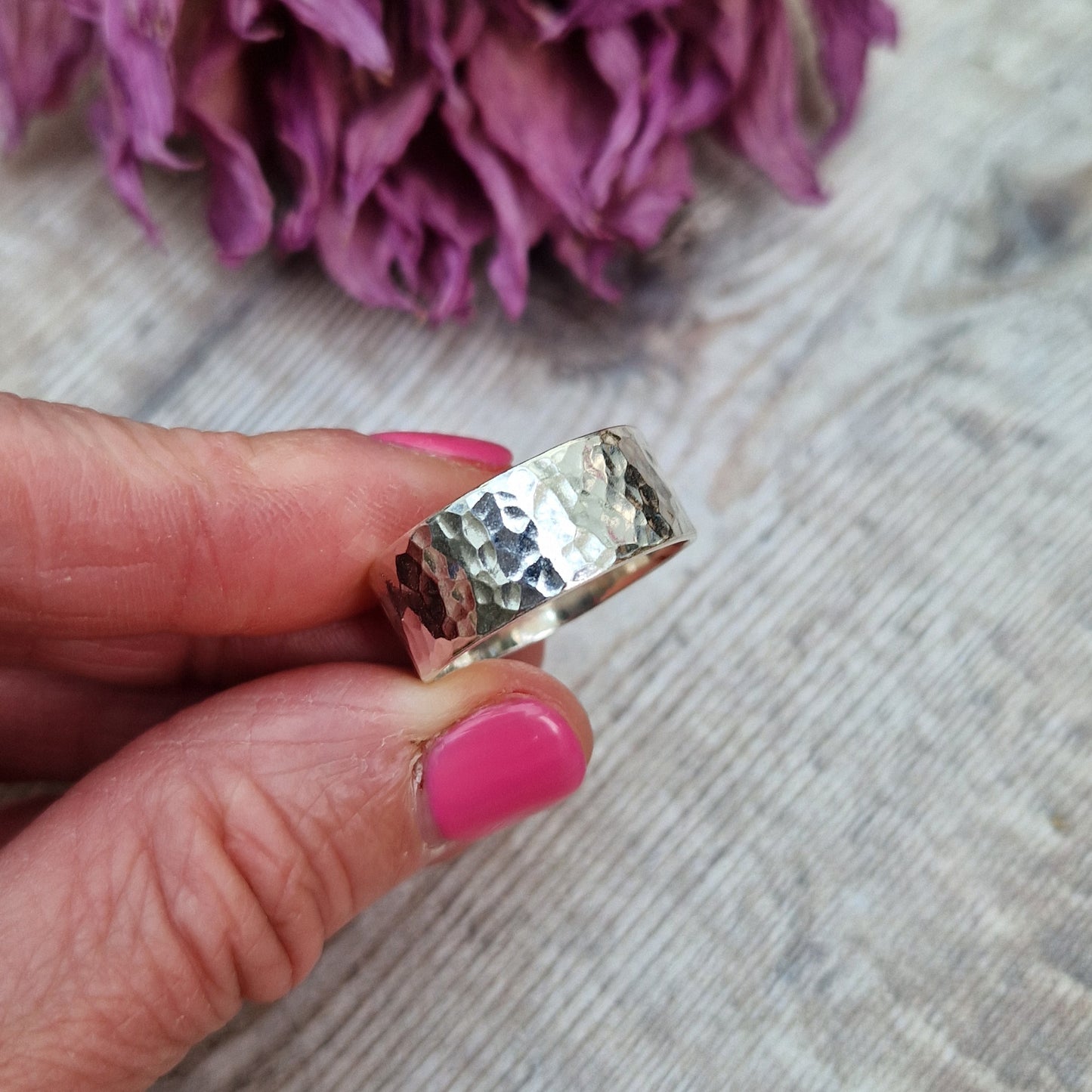 Sterling Silver ring with hammered texture, 8mm wide.