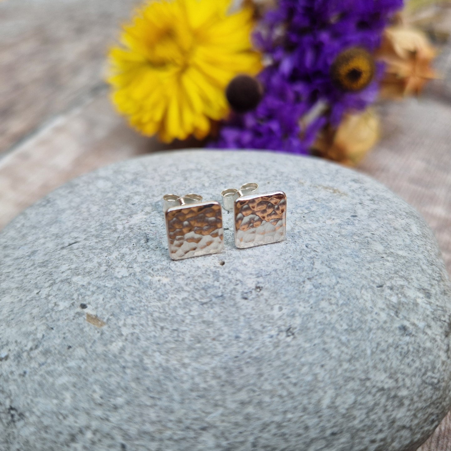 Silver Hammered Square Stud Earrings