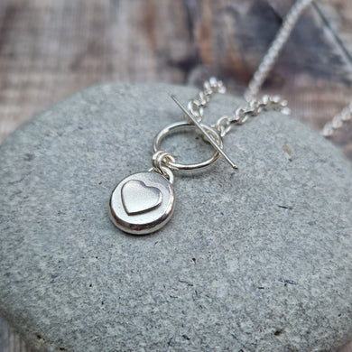 Sterling Silver T Bar Pebble Necklace with Silver Heart