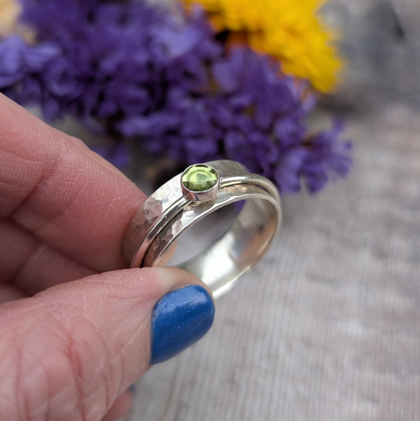 Silver Hammered Spinner Ring with Peridot - Made to Order