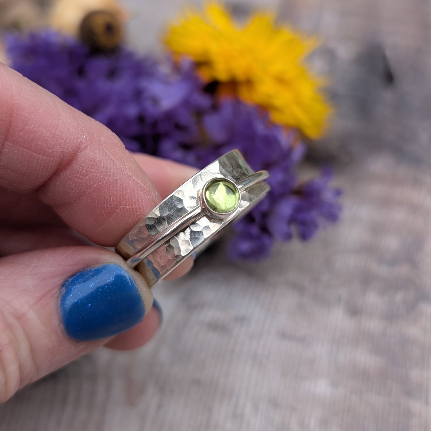 Silver Hammered Spinner Ring with Peridot - Made to Order