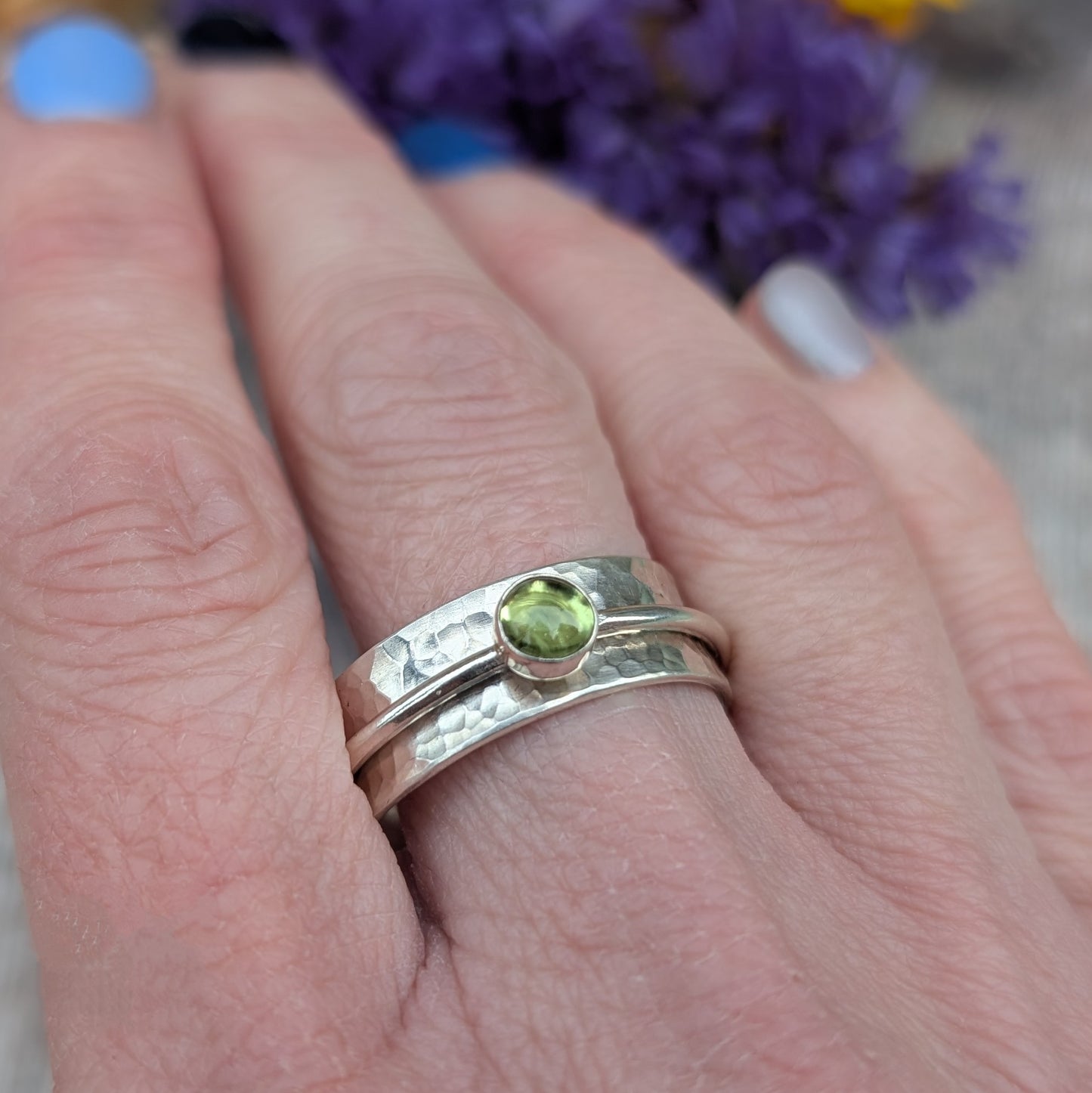 Silver Hammered Spinner Ring with Peridot - Made to Order