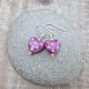 Sterling Silver Pink Spotty Lampwork Heart Earrings