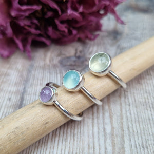Sterling Silver Ring Set with Prehnite, Chalcedony and Lavender Amethyst - UK Size P