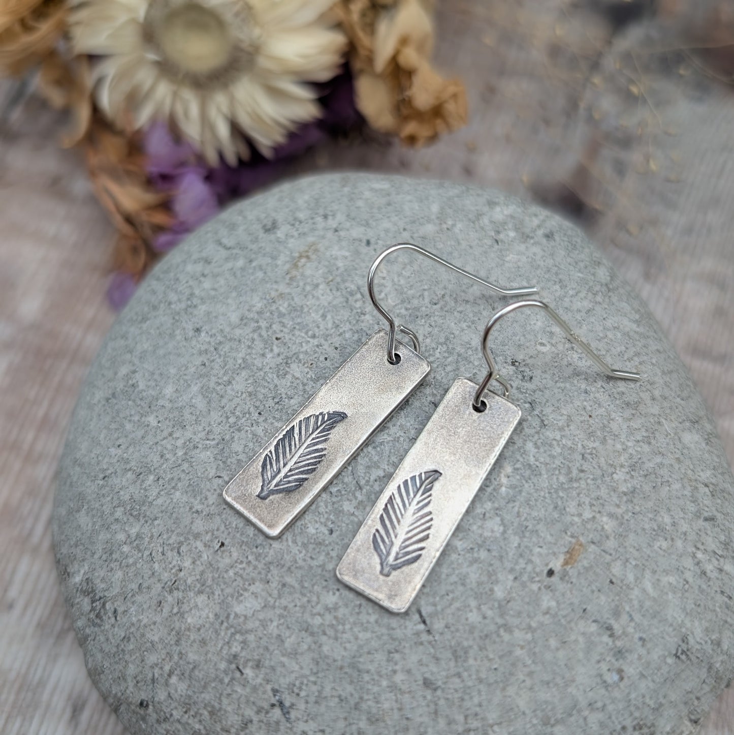 Silver Feather Rectangle Earrings