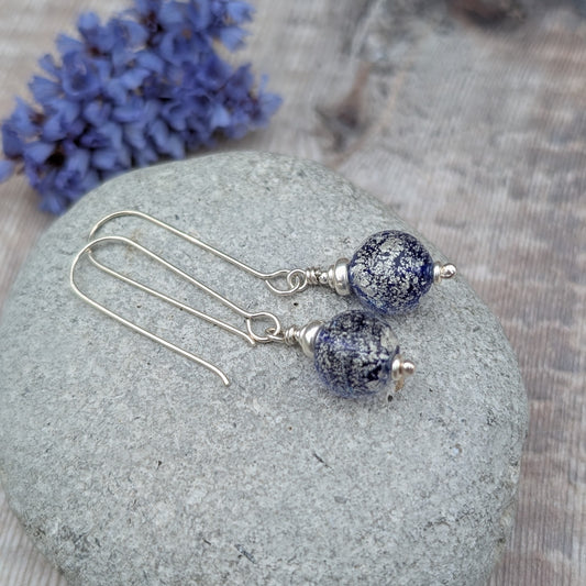 Silver blue venetian glass earrings displayed on a grey stone with dried flowers in the background. 