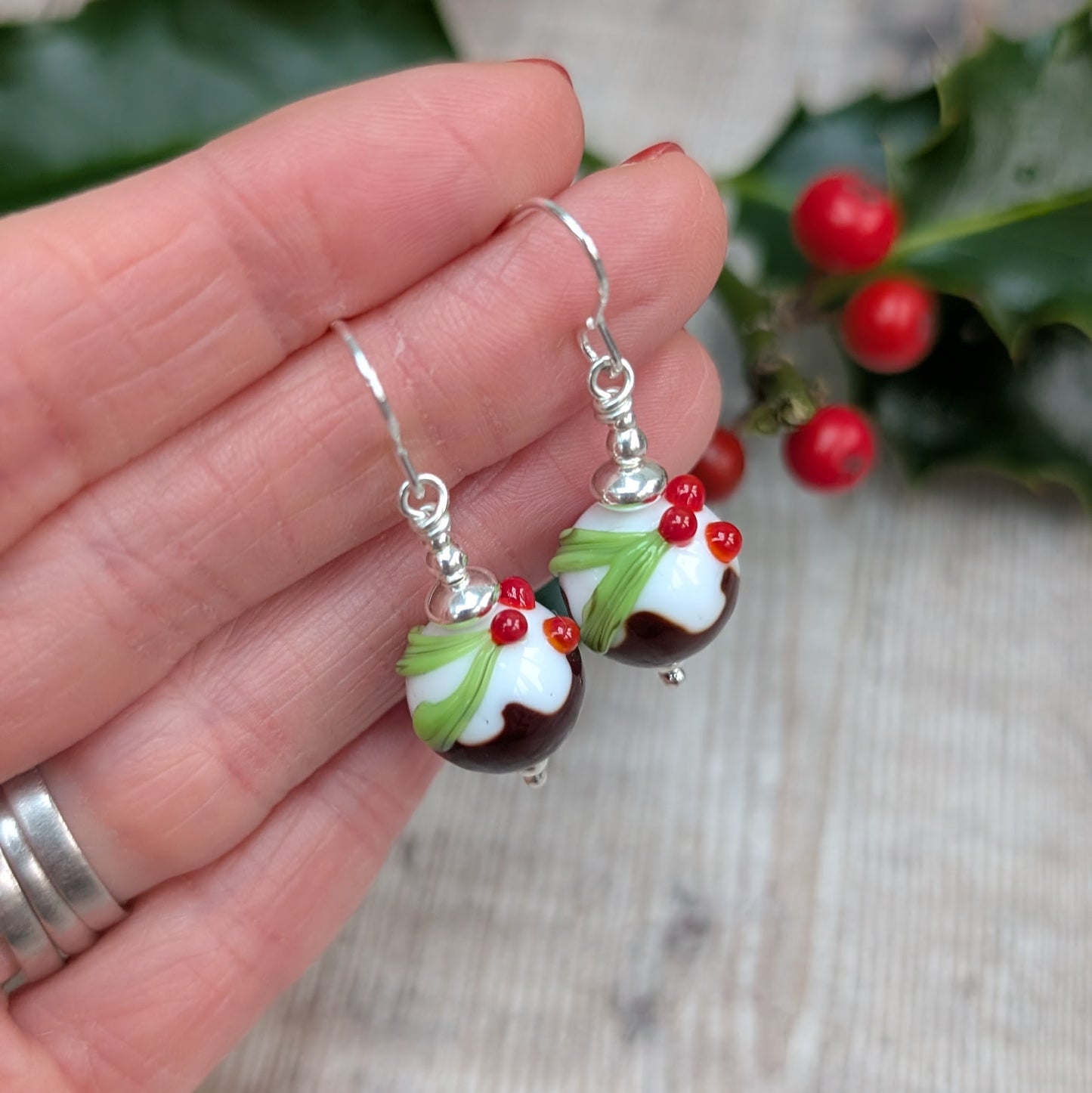 Silver Christmas Pudding Lampwork Glass Earrings