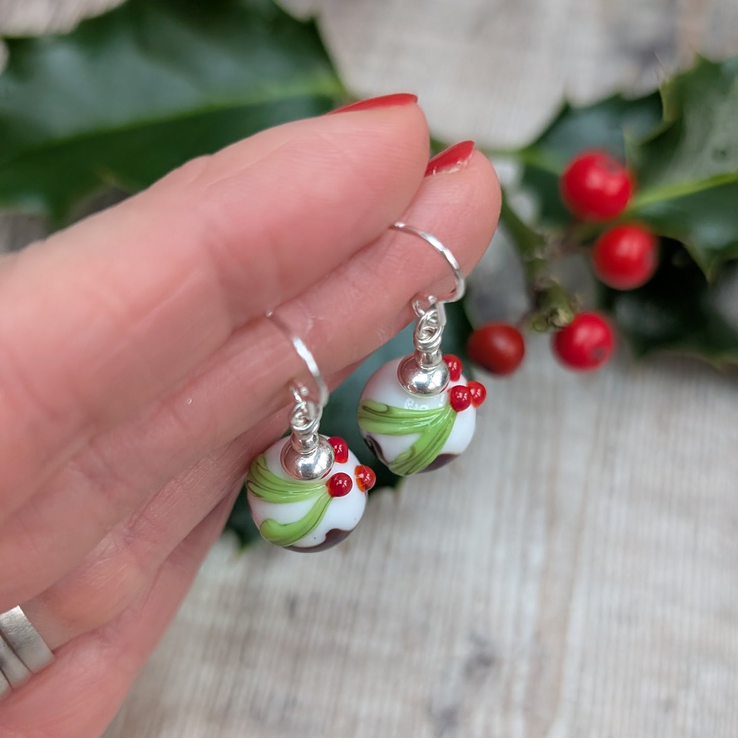 Silver Christmas Pudding Lampwork Glass Earrings