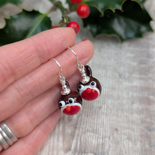 Silver Christmas Robin Lampwork Glass Earrings