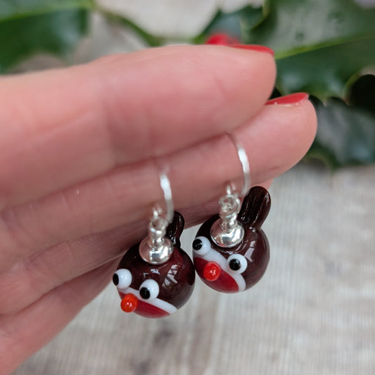 Silver Christmas Robin Lampwork Glass Earrings