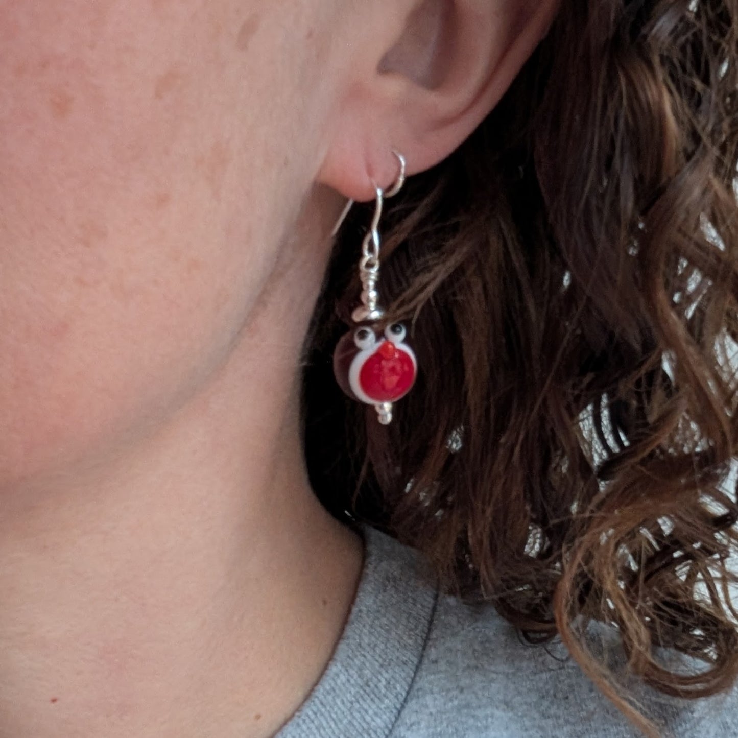 Silver Christmas Robin Lampwork Glass Earrings