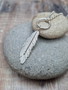 Sterling Silver Circle and Feather Long Necklace
