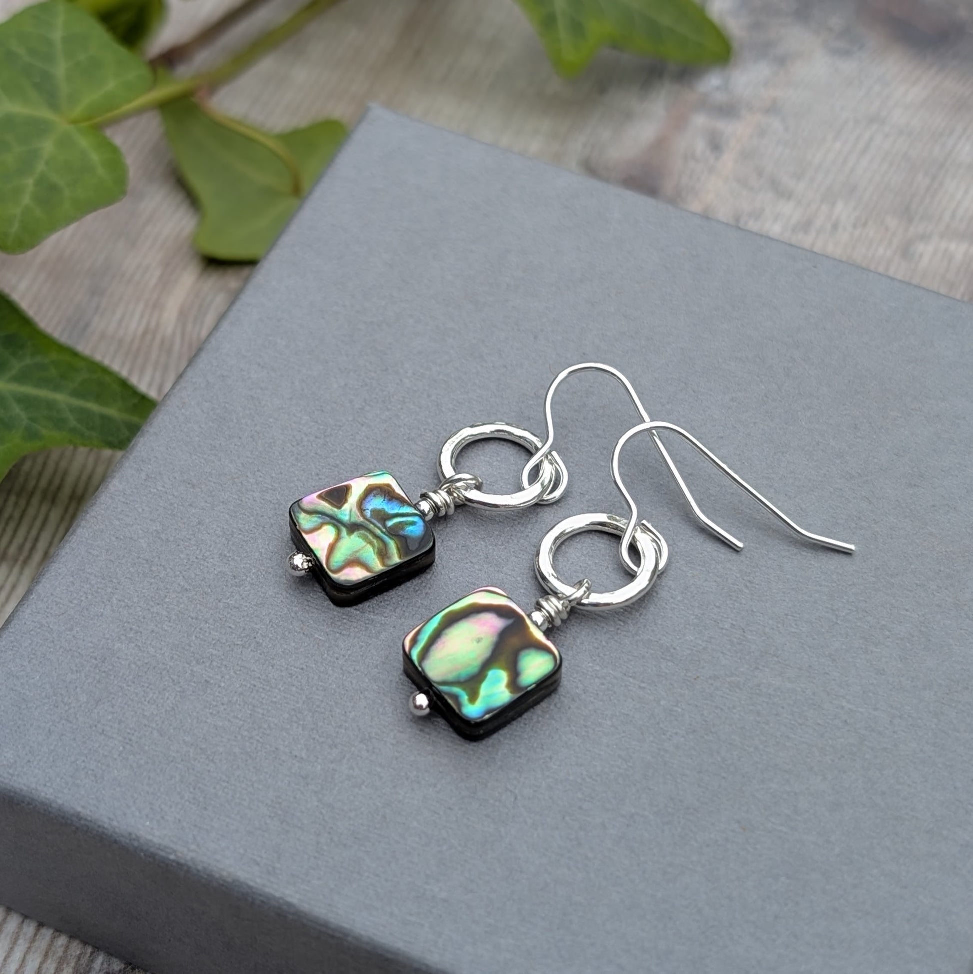 Pair of Silver Hammered Circle Earrings with Abalone Shell Beads on display with greenery and wooden background